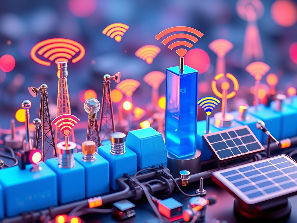 Un'immagine di una scena tecnologica con torri di trasmissione, antenne e pannelli solari, rappresentando la connessione al futuro.